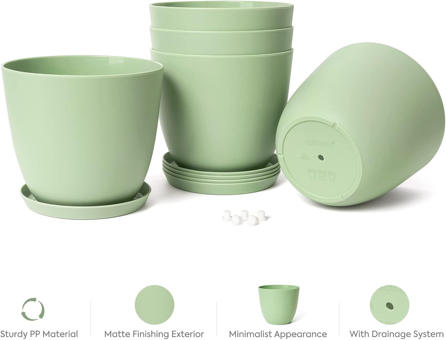 Set of 5 Modern 6.5" Plastic Plant Pots with Saucers and Drainage Holes for Indoor Use - Ideal for House Plants, Herbs, Flowers, and Seedlings