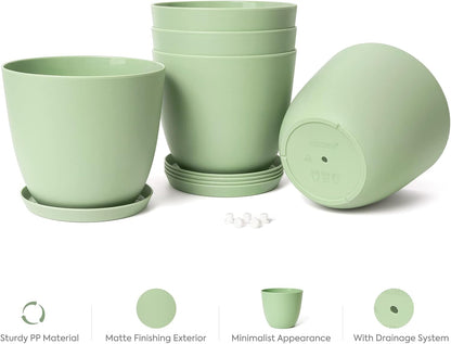 Set of 5 Modern 6.5" Plastic Plant Pots with Saucers and Drainage Holes for Indoor Use - Ideal for House Plants, Herbs, Flowers, and Seedlings