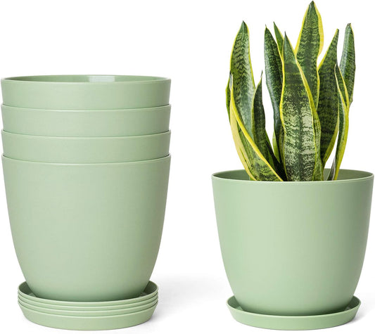 Set of 5 Modern 6.5" Plastic Plant Pots with Saucers and Drainage Holes for Indoor Use - Ideal for House Plants, Herbs, Flowers, and Seedlings