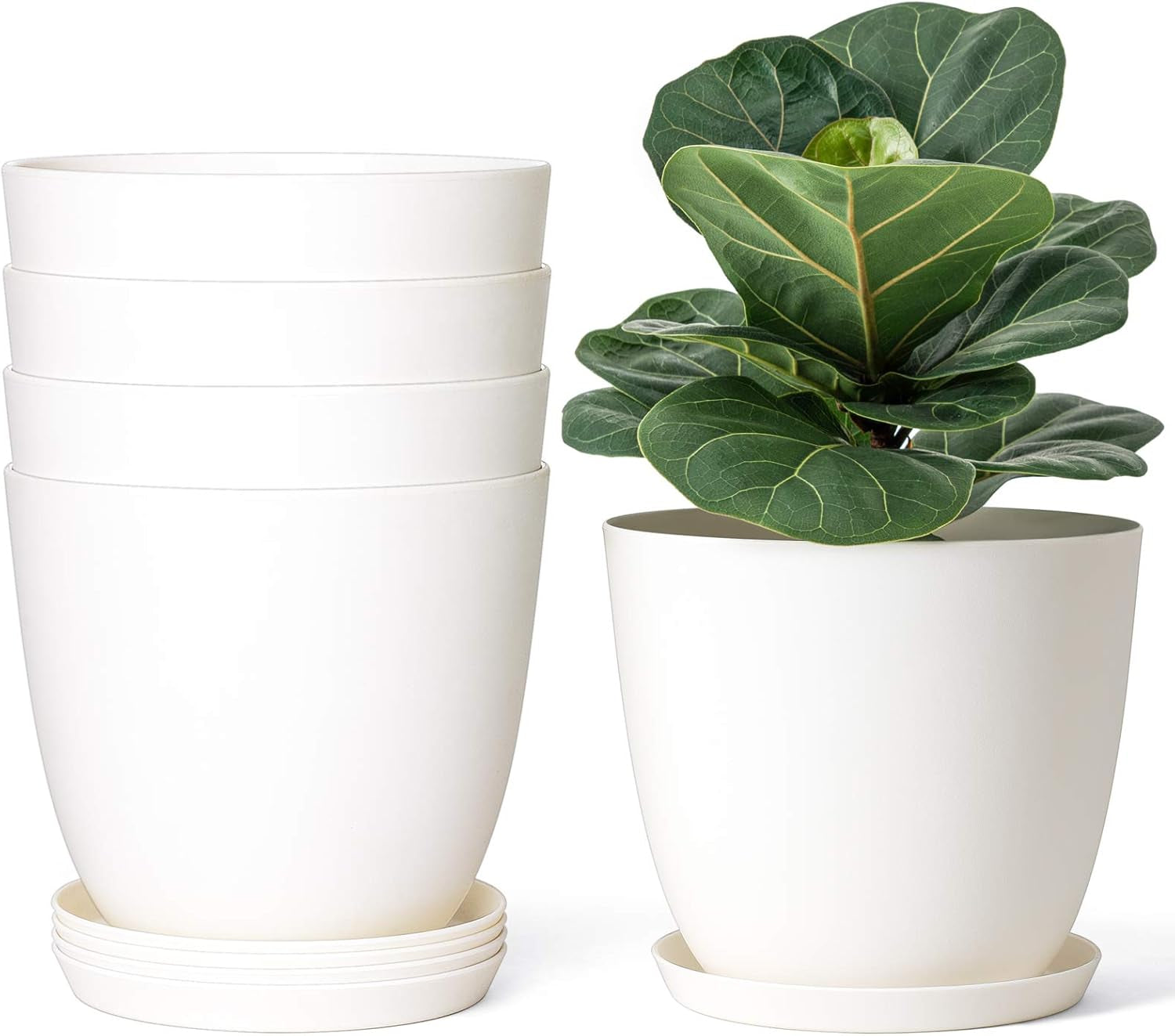 Set of 5 Modern 6.5" Plastic Plant Pots with Saucers and Drainage Holes for Indoor Use - Ideal for House Plants, Herbs, Flowers, and Seedlings