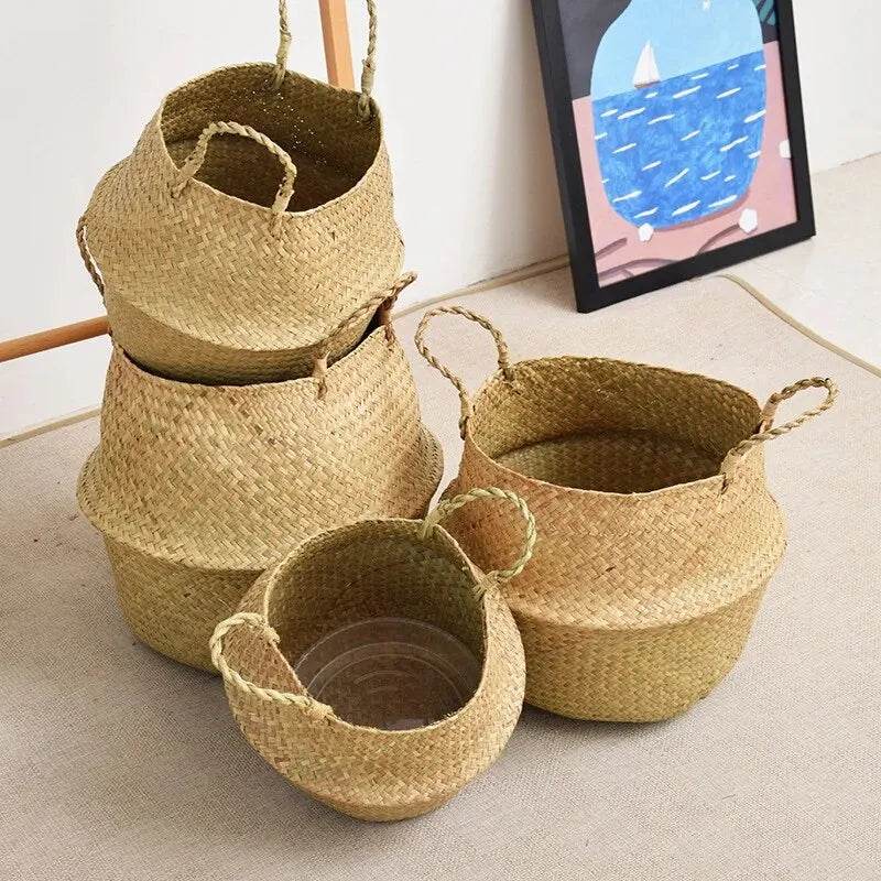 Folding Wicker Basket Storage Organizer – Handwoven Rattan Seagrass for Toys, Laundry, and Plant Pots – Eco-Friendly, Durable, and Stylish for Home and Garden - UrbanSprout
