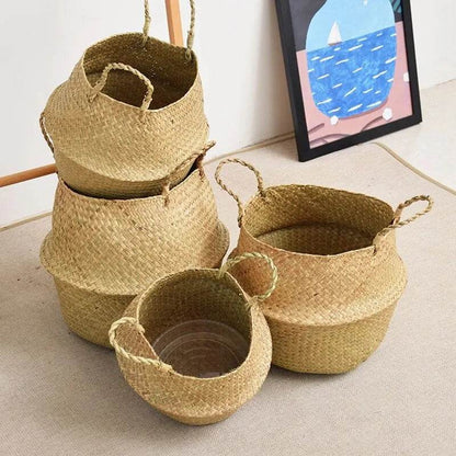 Folding Wicker Basket Storage Organizer – Handwoven Rattan Seagrass for Toys, Laundry, and Plant Pots – Eco-Friendly, Durable, and Stylish for Home and Garden - UrbanSprout
