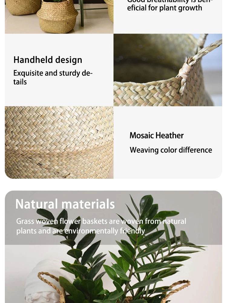 Folding Wicker Basket Storage Organizer – Handwoven Rattan Seagrass for Toys, Laundry, and Plant Pots – Eco-Friendly, Durable, and Stylish for Home and Garden - UrbanSprout