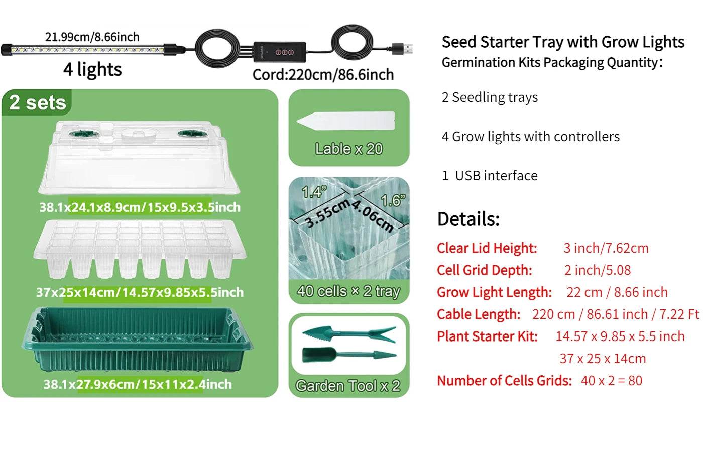 Seed Starter Kit with LED Grow Lights & Timer – 2 Pack, 80 Cells, High Dome Trays - UrbanSprout