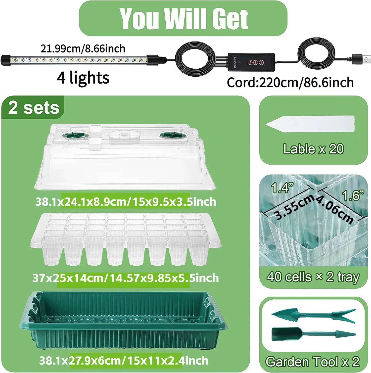 Seed Starter Kit with LED Grow Lights & Timer – 2 Pack, 80 Cells, High Dome Trays - UrbanSprout