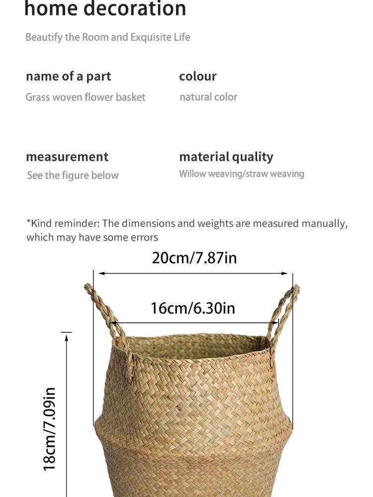 Folding Wicker Basket Storage Organizer – Handwoven Rattan Seagrass for Toys, Laundry, and Plant Pots – Eco-Friendly, Durable, and Stylish for Home and Garden - UrbanSprout