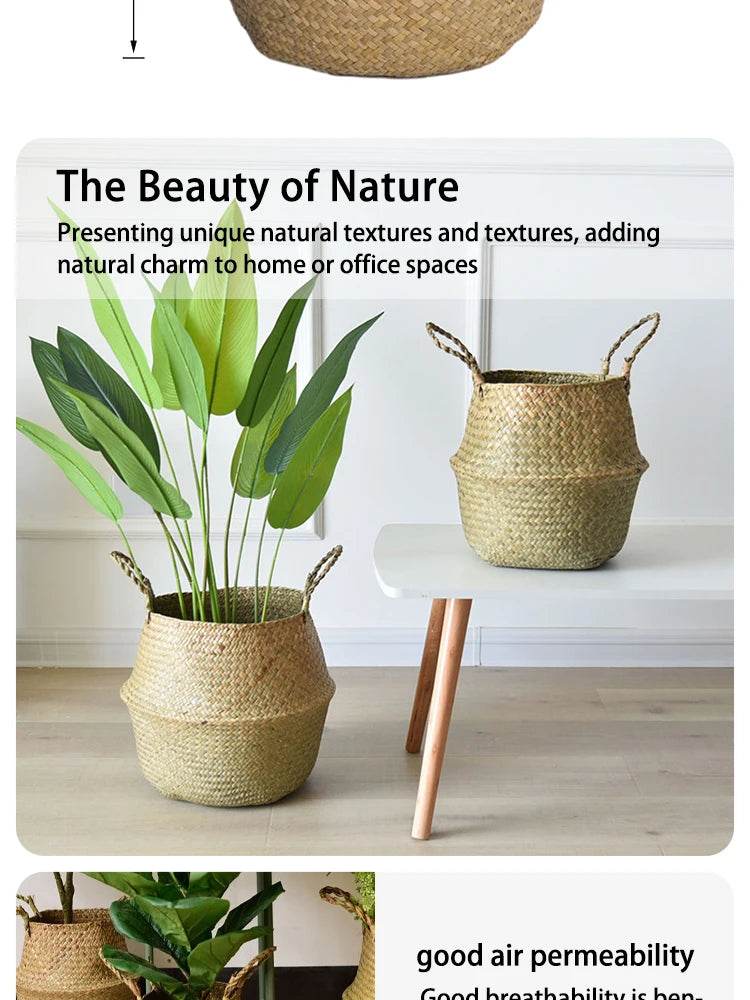 Folding Wicker Basket Storage Organizer – Handwoven Rattan Seagrass for Toys, Laundry, and Plant Pots – Eco-Friendly, Durable, and Stylish for Home and Garden - UrbanSprout