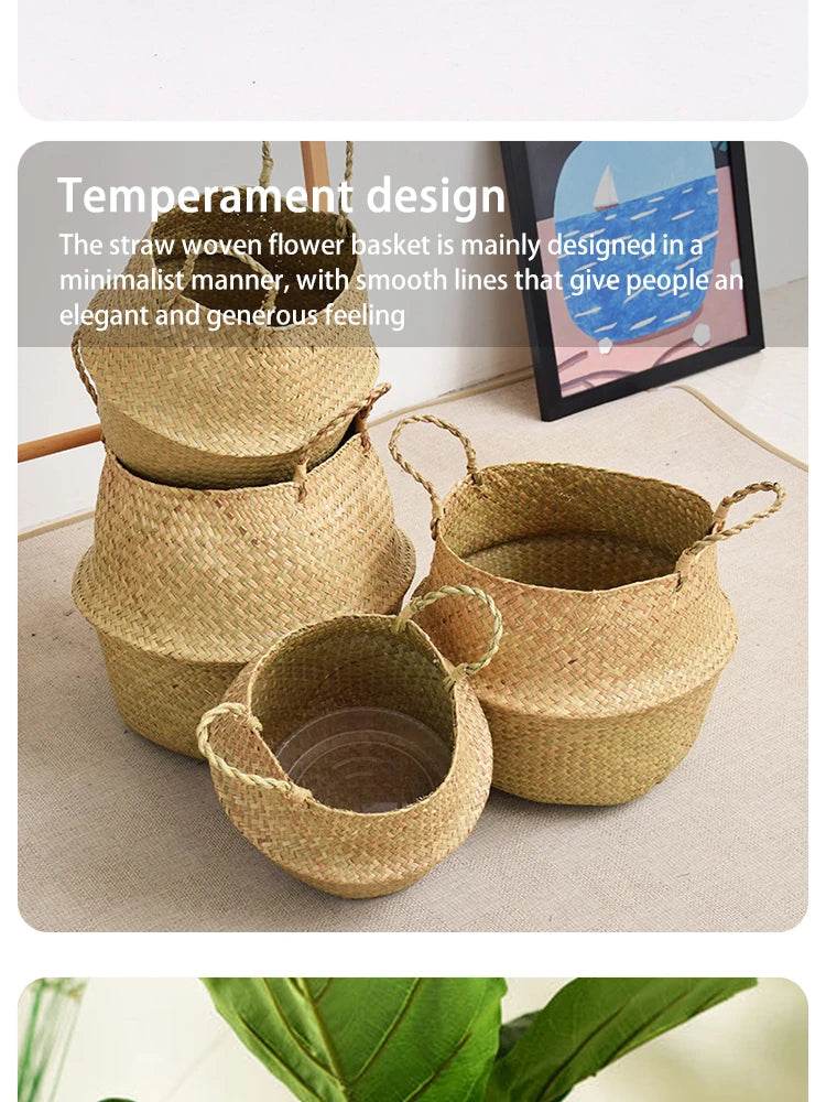 Folding Wicker Basket Storage Organizer – Handwoven Rattan Seagrass for Toys, Laundry, and Plant Pots – Eco-Friendly, Durable, and Stylish for Home and Garden - UrbanSprout