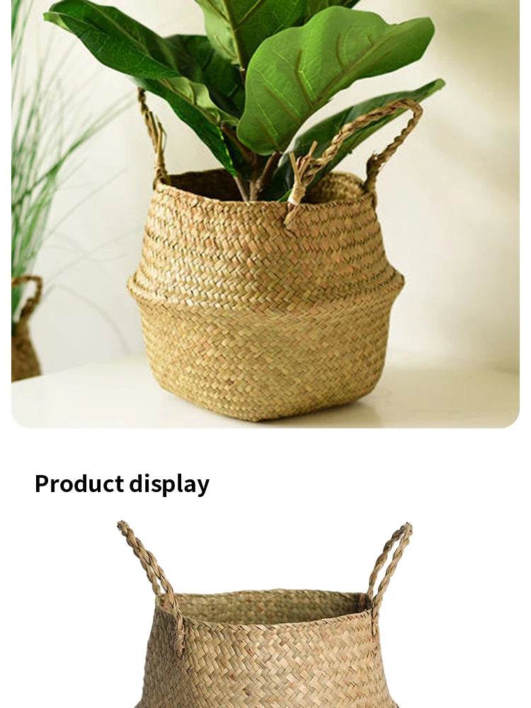 Folding Wicker Basket Storage Organizer – Handwoven Rattan Seagrass for Toys, Laundry, and Plant Pots – Eco-Friendly, Durable, and Stylish for Home and Garden - UrbanSprout