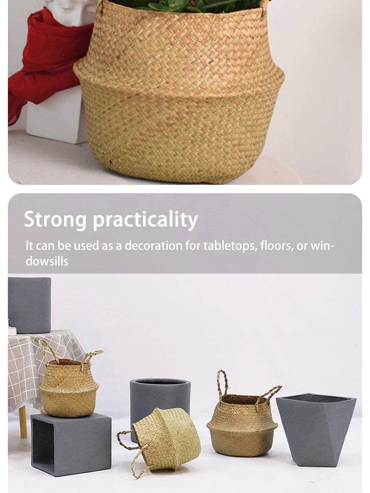 Folding Wicker Basket Storage Organizer – Handwoven Rattan Seagrass for Toys, Laundry, and Plant Pots – Eco-Friendly, Durable, and Stylish for Home and Garden - UrbanSprout