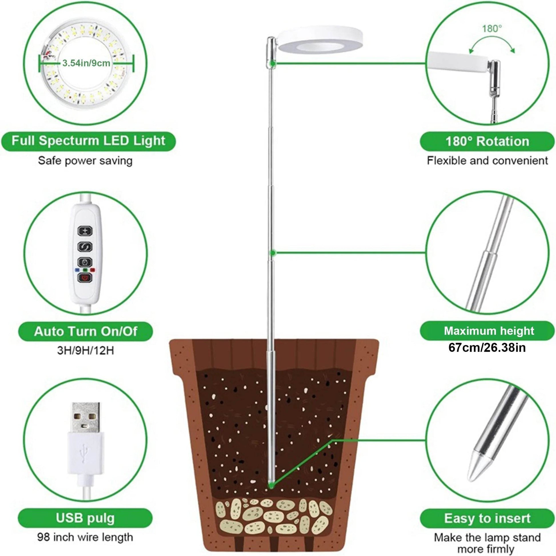 Full Spectrum LED Grow Light – Height & Angle Adjustable, USB Powered with Timer for Indoor Plants - UrbanSprout