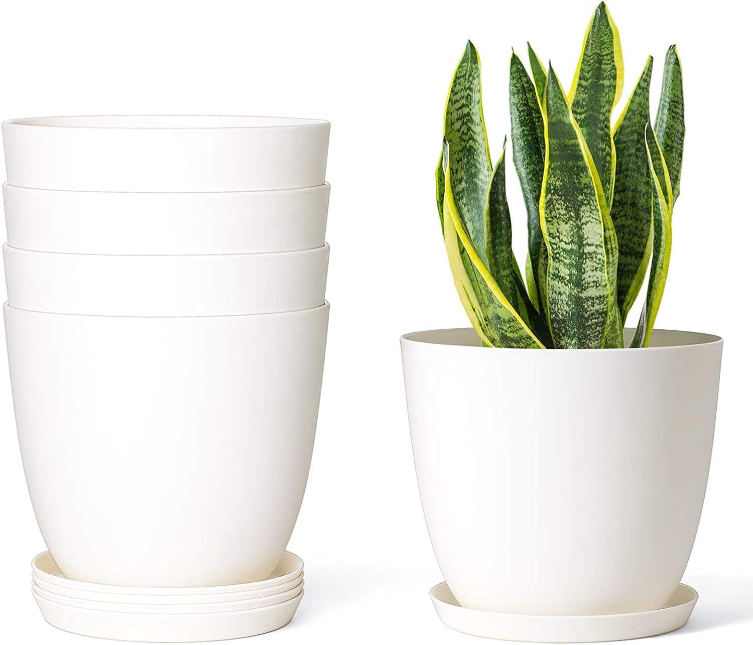 Set of 5 Modern 6.5" Plastic Plant Pots with Saucers and Drainage Holes for Indoor Use - Ideal for House Plants, Herbs, Flowers, and Seedlings