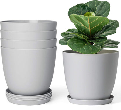 Set of 5 Modern 6.5" Plastic Plant Pots with Saucers and Drainage Holes for Indoor Use - Ideal for House Plants, Herbs, Flowers, and Seedlings