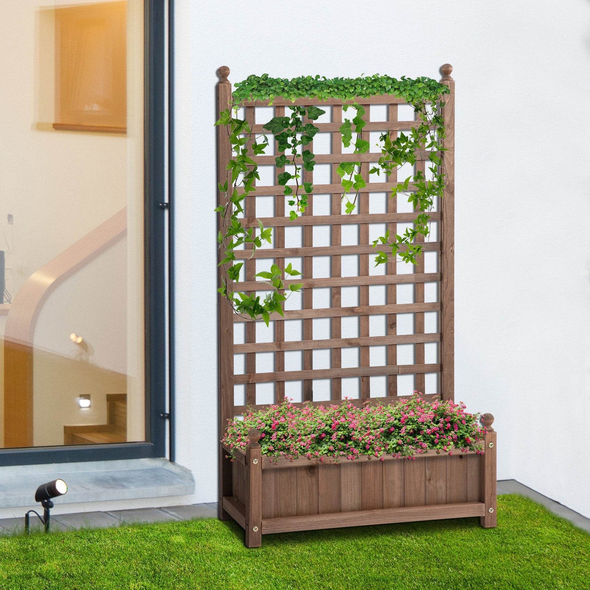 Outsunny Raised Garden Bed with Trellis for Climbing Vines, Wood Garden Planter Box, Freestanding Flower Pot for Indoor & Outdoor Display - UrbanSprout