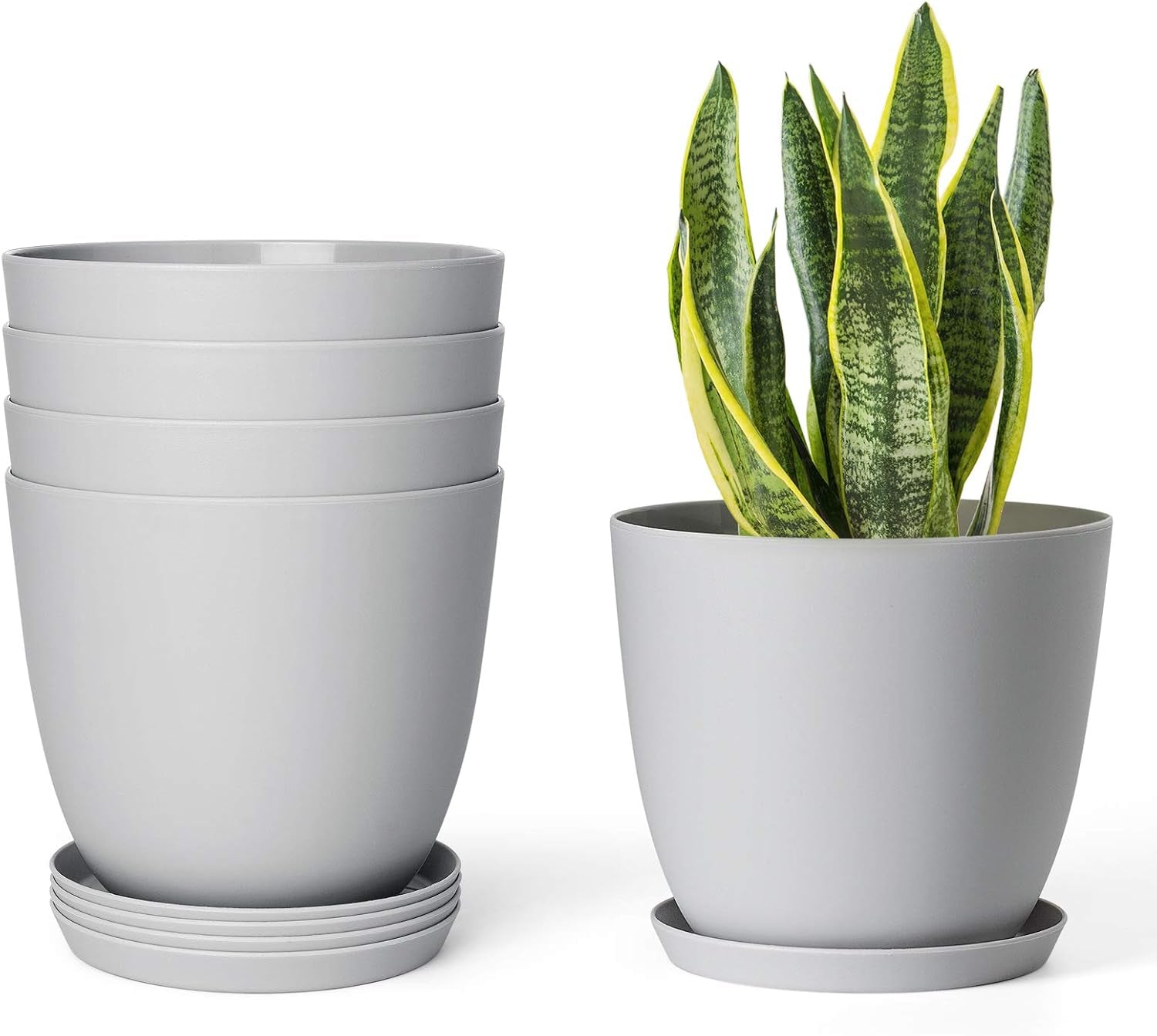 Set of 5 Modern 6.5" Plastic Plant Pots with Saucers and Drainage Holes for Indoor Use - Ideal for House Plants, Herbs, Flowers, and Seedlings
