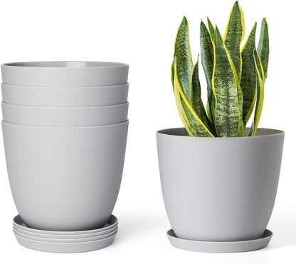 Set of 5 Modern 6.5" Plastic Plant Pots with Saucers and Drainage Holes for Indoor Use - Ideal for House Plants, Herbs, Flowers, and Seedlings