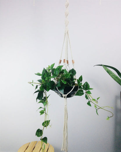 Handcrafted Macrame Plant Hanger – Natural Cotton Rope with Copper Accents – 54” Indoor Hanging Planter for Pots Up to 9”
