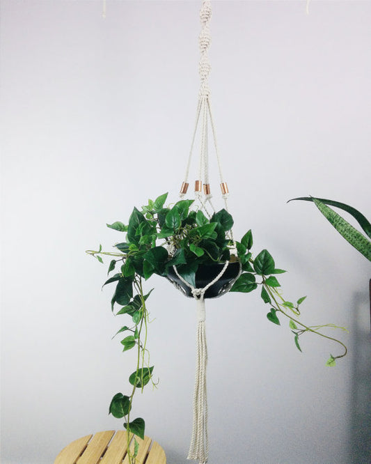 Handcrafted Macrame Plant Hanger – Natural Cotton Rope with Copper Accents – 54” Indoor Hanging Planter for Pots Up to 9”