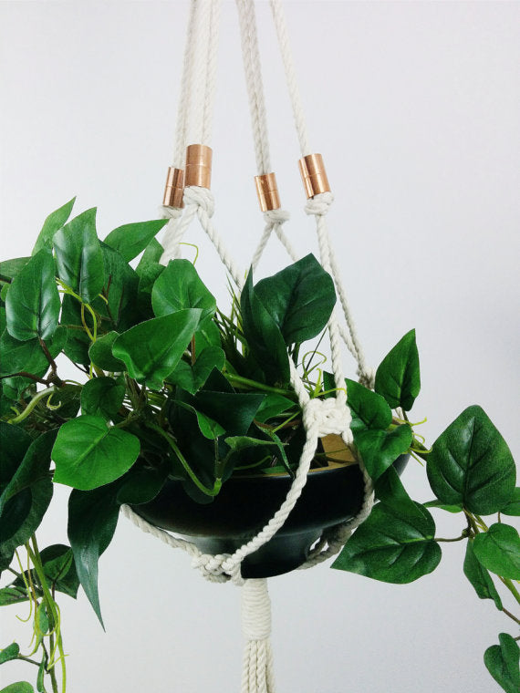 Handcrafted Macrame Plant Hanger – Natural Cotton Rope with Copper Accents – 54” Indoor Hanging Planter for Pots Up to 9”
