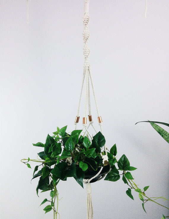 Handcrafted Macrame Plant Hanger – Natural Cotton Rope with Copper Accents – 54” Indoor Hanging Planter for Pots Up to 9”